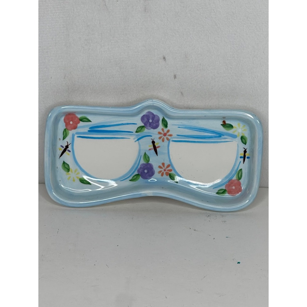 Bella Casa Ganz Ceramic Eyeglass Holder Tray Floral Dragonfly Blue Vanity Dish